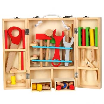 Trusa de scule din lemn pentru copii – set educativ cu unelte colorate, 3+ ani