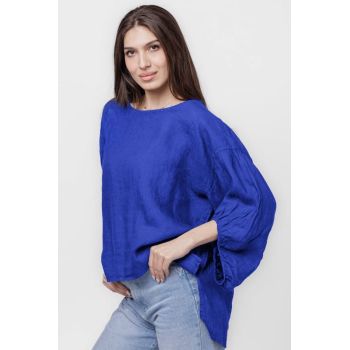 Bluza din in albastra, masura mare, cu maneci ample bufante