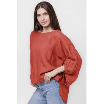 Bluza din in caramizie, masura mare, cu maneci ample bufante