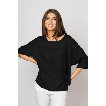 Bluza din in neagra, masura mare cu nod pe talie