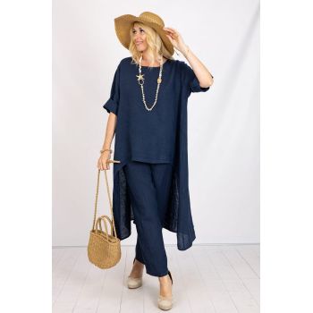 Compleu din in cu bluza tunica mai lunga in spate si pantaloni, bleumarin