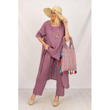 Compleu din in cu bluza tunica mai lunga in spate si pantaloni, roz zmeura