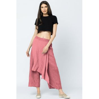 Pantaloni de vara din in, cu aplicatii pe fata si spate, roz inchis