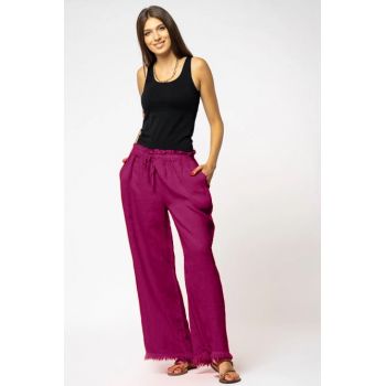 Pantaloni de vara din in cu franjuri mici, mov zmeura