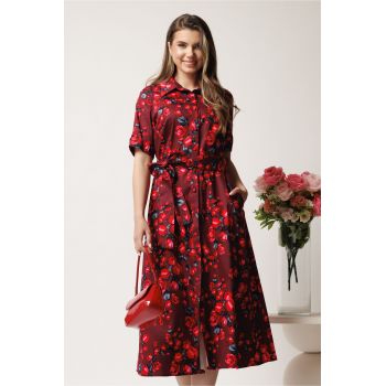 Rochie bordo tip camasa din bumbac cu flori rosii si cordon in talie