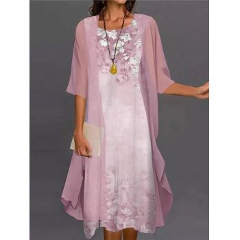 Rochie din 2 piese, design floral, roz, Eveline
