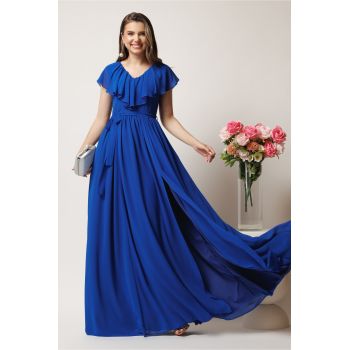 Rochie DY Fashion lunga albastra in clos din voal cu volanas la bust si crapatura pe picior ieftina Rochie DY Fashion lunga albastra in clos din voal cu volanas la bust si crapatura pe picior ieftina
