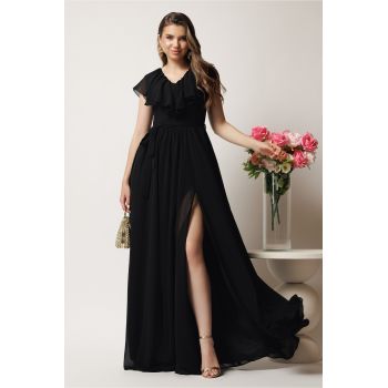 Rochie DY Fashion lunga neagra in clos din voal cu volanas la bust si crapatura pe picior ieftina