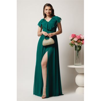 Rochie DY Fashion lunga verde in clos din voal cu volanas la bust si crapatura pe picior ieftina