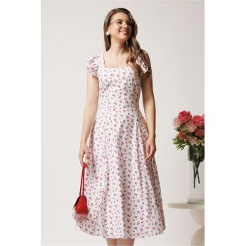 Rochie DY Fashion midi alba in clos cu floricele fucsia si volane la maneci ieftina