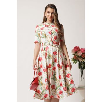 Rochie DY Fashion midi alba in clos din triplu voal cu flori rosii si curea in talie ieftina