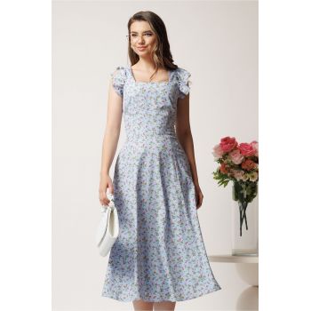Rochie DY Fashion midi bleu in clos cu floricele roz si volane la maneci ieftina