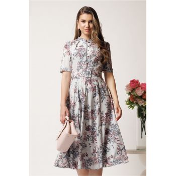 Rochie DY Fashion midi gri in clos din triplu voal cu floricele si curea in talie ieftina