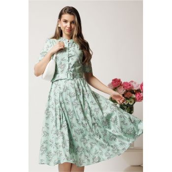 Rochie DY Fashion midi vernil in clos din triplu voal cu floricele si curea in talie ieftina