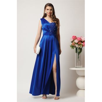 Rochie lunga albastra din tafta cu flori la bust- Ella Collection Madison