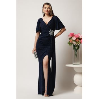 Rochie lunga bleumarin din lurex cu floare in talie si croi mulat