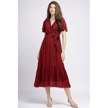 Rochie lunga din matase naturala cu bust petrecut, bordo