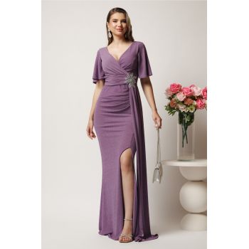 Rochie lunga lila din lurex cu floare in talie si croi mulat