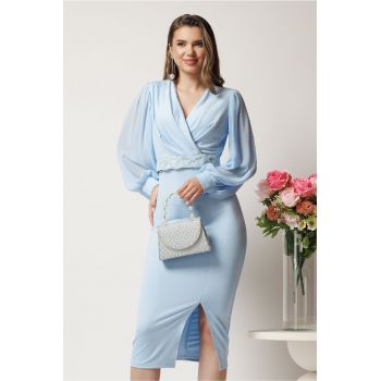 Rochie midi bleu conica cu margele la decolteu si curea in talie ieftina