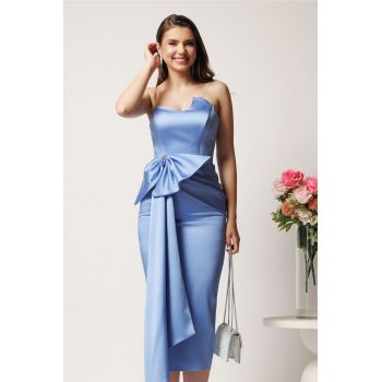 Rochie midi bleu conica din tafta cu funda in talie