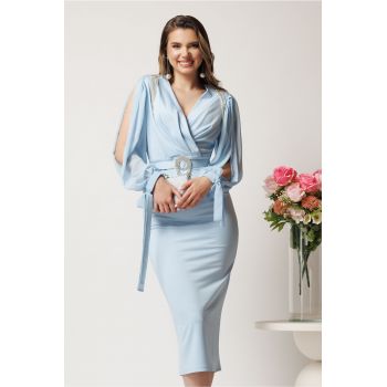 Rochie midi bleu din neopren cu franjuri din strasuri la umeri si curea in talie ieftina