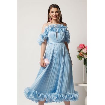 Rochie midi bleu in clos din voal satinat cu volanase la bust si la baza ieftina