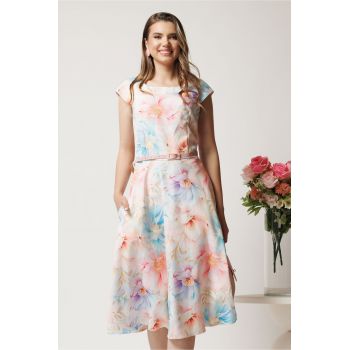 Rochie midi cu flori pastelate in clos cu buzunare si curea in talie