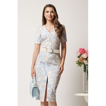 Rochie midi ivory conica cu imprimeu bleu si curea in talie