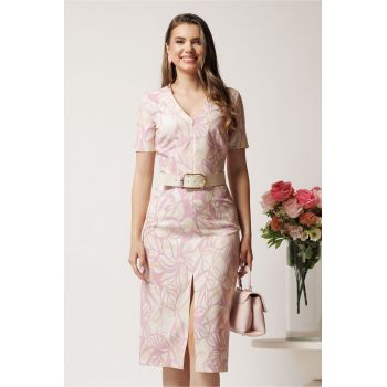 Rochie midi ivory conica cu imprimeu roz si curea in talie