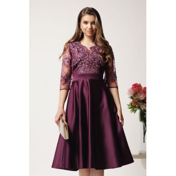 Rochie midi mov din tafta in clos cu dantela la bust - Ella Collection Inna