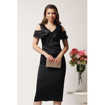 Rochie midi neagra din satin cu paiete la bust si manecute lasate pe umeri- Leonard Collection