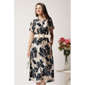 Rochie midi neagra din viscoza cu imprimeu bej si curea in talie