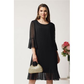 Rochie midi neagra din voal cu picatele si insertii din fir lurex ieftina