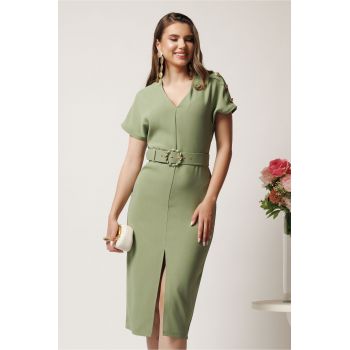 Rochie midi verde maslina conica cu nasturi pe umeri si curea in talie