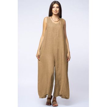 Salopeta de vara larga din in cu bretele late, camel
