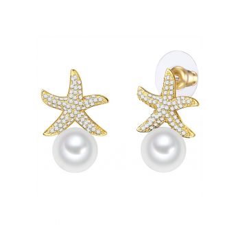 Cercei cu tija placati cu aur de 14K si decorati cu perle