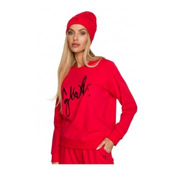 Beanie dama cu broderie -  Bumbac/Elastan - Rosu - Marime Universala