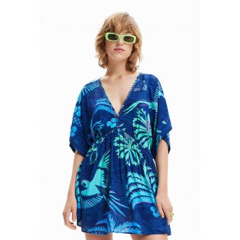 Rochie cu decolteu in V si imprimeu tropical pentru plaja
