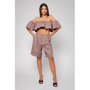 Set de bluza de in cu decolteu pe umeri si pantaloni scurti