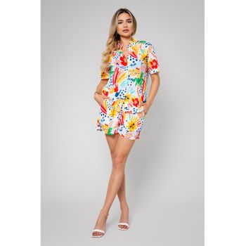 Set de camasa si pantaloni scurti din amestec de in cu model