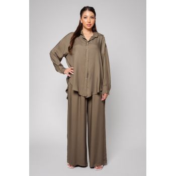 Set Gabrielle Camasa si Pantalon lung Kaki Verde militar
