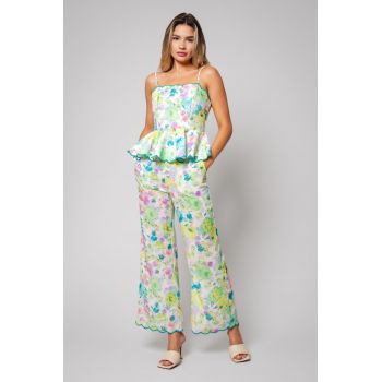 Set Top cu bretele si Pantalon lung White/Green 13272