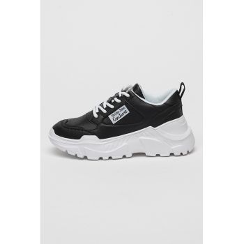 Pantofi sport din piele cu talpa wedge si garnituri din piele ecologica