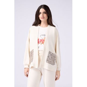 Cardigan fara inchidere cu buzunare decorate cu paiete