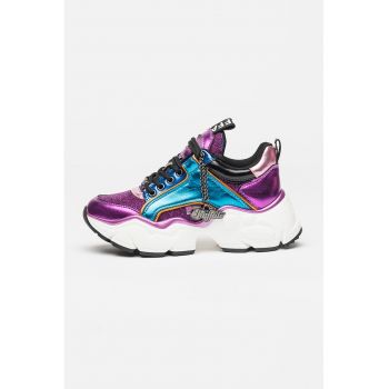 Pantofi sport demi-wedge de piele ecologica cu aspect colorblock