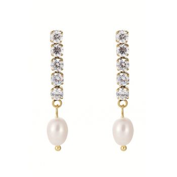 Cercei drop placati cu aur de 18K cu zirconia si perle