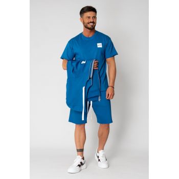 Set 3 Piese Hanorac fara maneci cu fermoar - Tricou si pantalon scurt Peackok Blue 15585