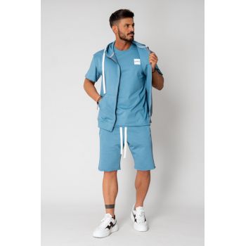 Set 3 Piese Hanorac fara maneci cu fermoar - Tricou si pantalon scurt Storm Blue 15581
