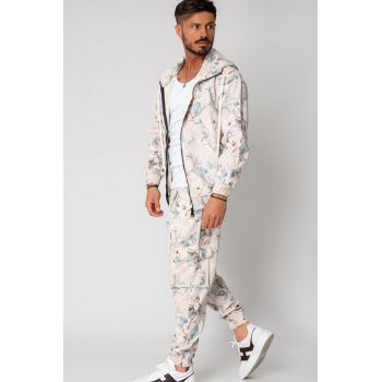 Set Hanorac cu fermoar si Pantalon lung cargo din reiat flower Cream 15444