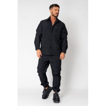 Set Jacheta fara gluga cu capse si Pantalon lung cargo Black 15488